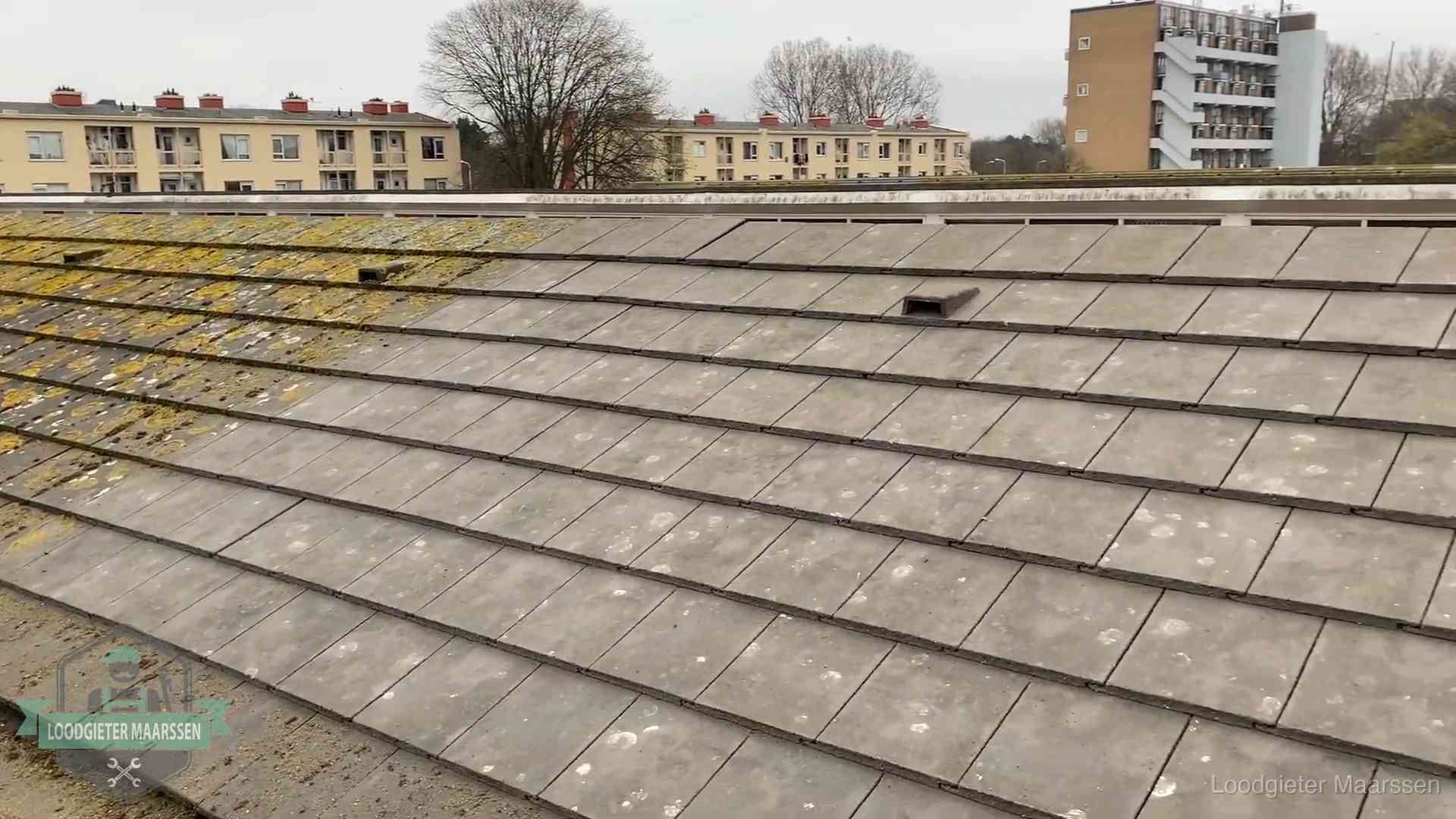 Dakpannen op een schuin dak in Maarssen Schuin dak met betonpannen vol mos in Maarssen, een risico op lekkage bij de pannen